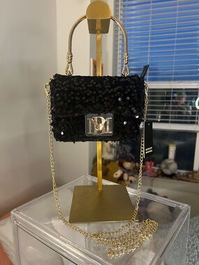 Badgley Mischka Black Sequin Mini Bag with Gold Chain & Top Handle 5”x 6.5” NWT